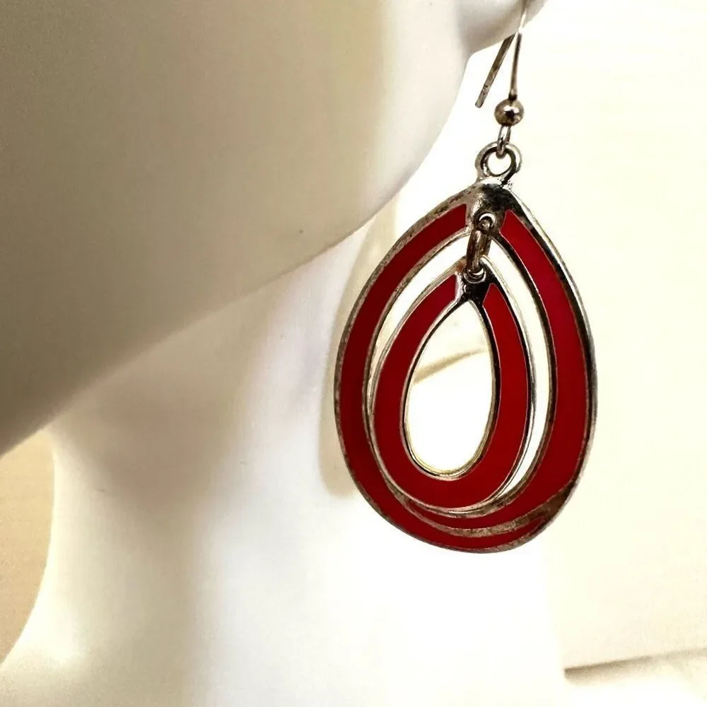 Pink and silver tone double teardrop earrings